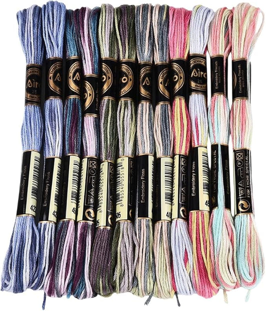 12 Skeins 105 Yards Embroidery Thread Variegated Cross Stitch Floss Bulk 6 Ply Polyester Yarn Colorful Friendship Bracelet String for Sewing Making Needlecraft Knitting Clothes Stitching
