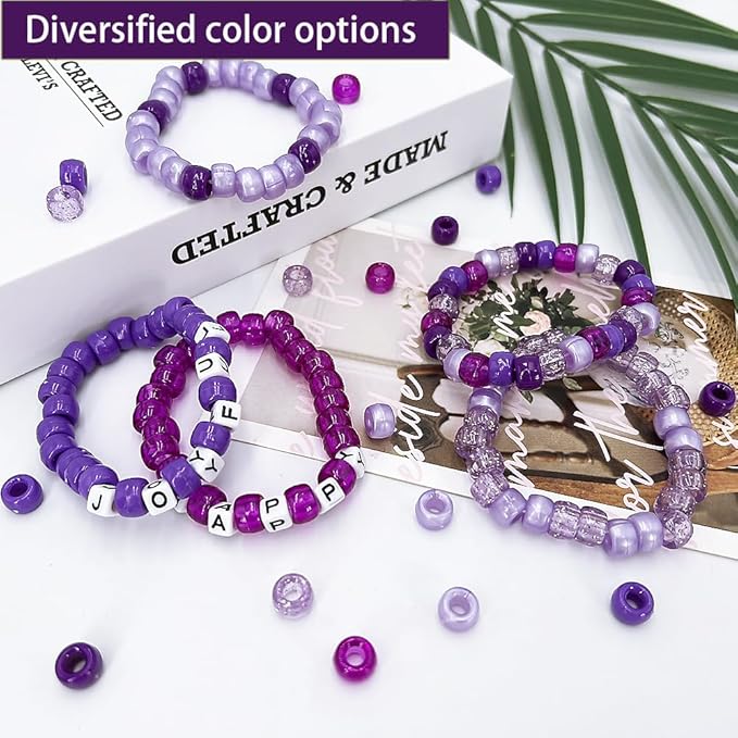 MIIIM 1300 Pcs Pony Beads Kit for Friendship Bracelet, 6 Styles Kandi Bracelet Kit in Box with Individual Compartments, Hair Beads for Braids, Letters (Purple Shades)