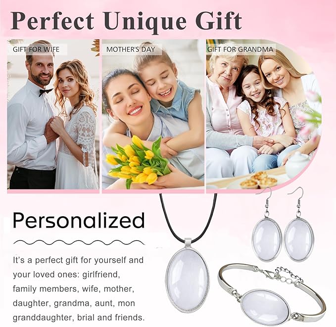 Pendant Trays Set for DIY Jewelry Making Crafts, Oval Glass Cabochon Pendant Bezel Trays, Bracelet Blank Trays and Earrings Blanks Charms for Gift