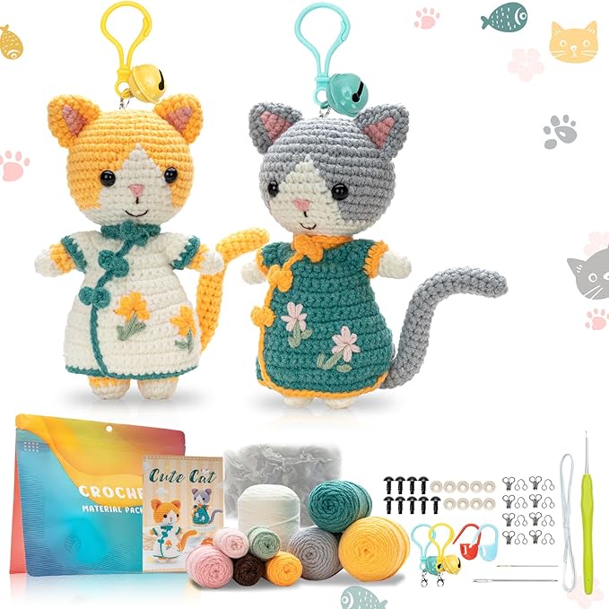 Youkali Crochet Kit for Beginners, Crochet Starter Kit with Step-by-Step Video Tutorials, Easy Beginner Crochet Kit for Adults, Crochet Animals Crafts Crochet Kits, Easy Knitting Kit. (Cat)