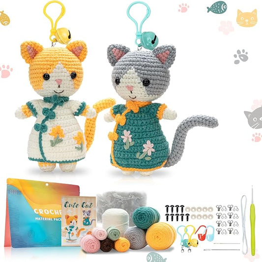 Youkali Crochet Kit for Beginners, Crochet Starter Kit with Step-by-Step Video Tutorials, Easy Beginner Crochet Kit for Adults, Crochet Animals Crafts Crochet Kits, Easy Knitting Kit. (Cat)