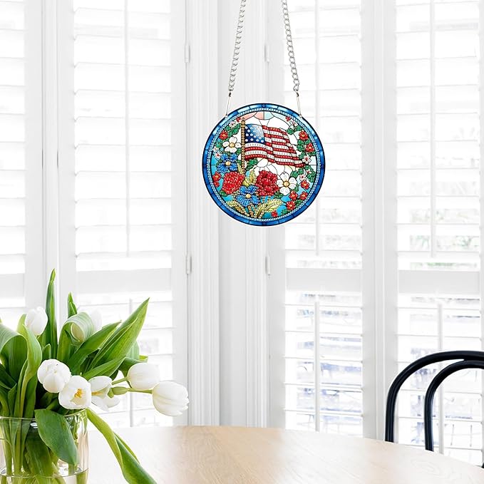 AiYuanzsh DIY Hanging Diamond Painting Pendant Set – Independent Flower Patriotic Art Board, Special Shaped Crystal Diamonds, Elegant Floral Wall Decor, Independence Day Gift for Friends and Family