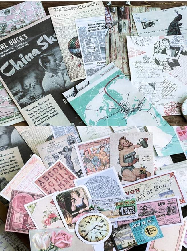 Vintage Aesthetic Memorial Adhesive Handcrafts Washi Sticker Pack, Artsy Antique Paper Decals Supplies for Old-Time Travel Crafts Material Set