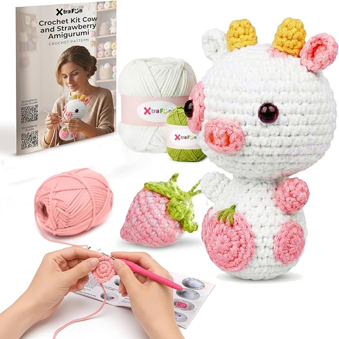 Amigurumi Crochet Kit for Beginners – Strawberry Cow & Strawberry (2PCS) Relaxing DIY Craft Starter Kit For Adults & Teens (14+) - Step-by-Step Video Tutorials, 40% Extra Yarn & Ergonomic Hooks