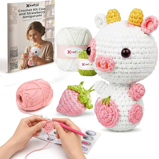 Amigurumi Crochet Kit for Beginners – Strawberry Cow & Strawberry (2PCS) Relaxing DIY Craft Starter Kit For Adults & Teens (14+) - Step-by-Step Video Tutorials, 40% Extra Yarn & Ergonomic Hooks