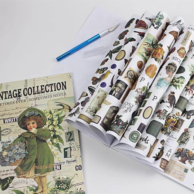 Vintage Scrapbooking Sticker Book for Adults - 800+ Washi Journaling Stickers Ephemera Book for Junk Journal Supplies DIY Crafts Arts Decorative 24 Sheets