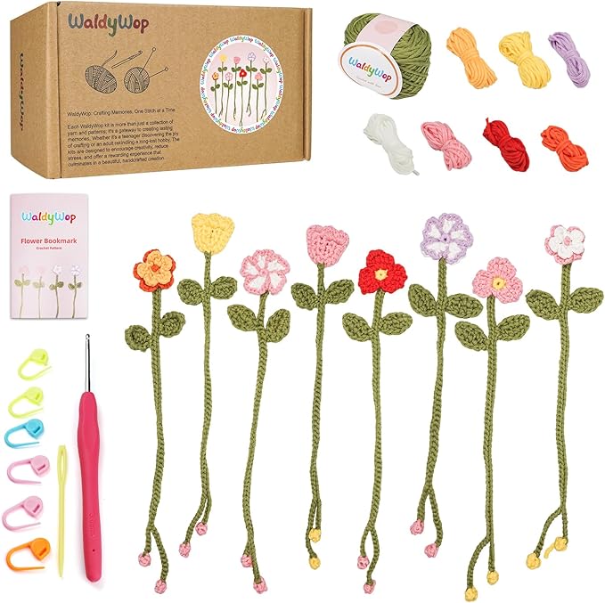 WaldyWop Crochet Kit for Beginners - 8 Flower Bookmarks Knitting Kit w/Step-by-Step Video Tutorials & Soft Yarn, Hook - Wobbles DIY Art Craft Kit for Adults, Birthday Gifts for Women Teen