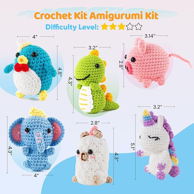 XuanMei GR 6PCS Crochet Kit for Beginners Advanced Crocheters Adults Learn to Crochet Kit Amigurumi Animal Starter Step by Step Video Tutorial