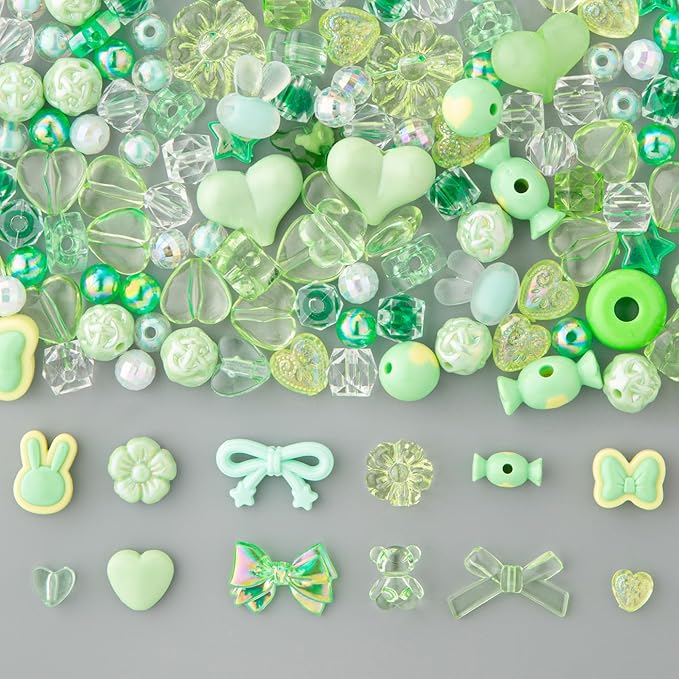 LAIDANLA Acrylic Green Beads for Keychain Making Green Cute Beads for Jewelry Bracelets Necklace Phone Charm Assorted Random Aesthetic Kawaii Kandi Bead Charms 160g