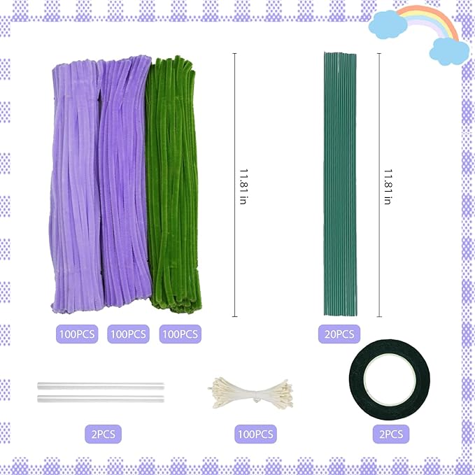 300 Pcs Purple and Green Thick Pipe Cleaners Craft Supplies for Floral Bonquet DIY Flower Making Kit for Starter with Floral Wires, Gardening Tape,Stamen Gift Wrapping Party Decor