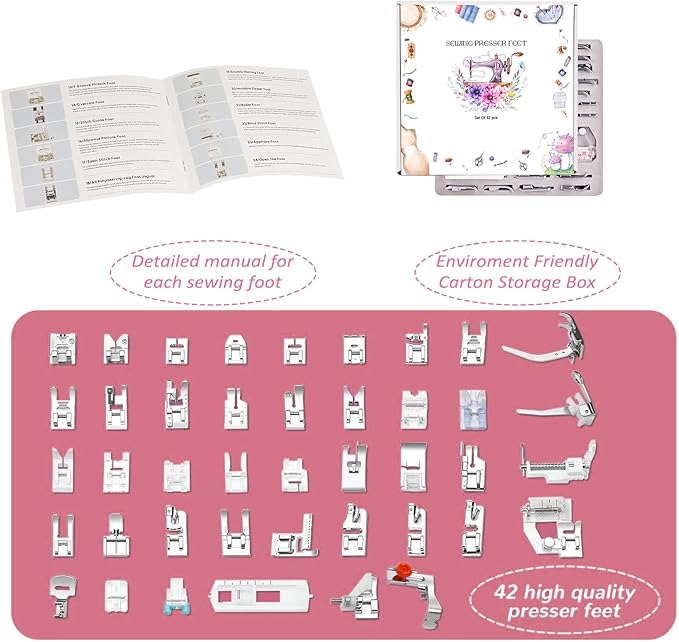 Presser Foot Set 42Pcs, Sewing Machine Presser Feet Kit Accessories with Manual for Brother, Babylock, Singer, Elna, Toyota, New Home, Simplicity, Necchi, Kenmore Low Shank Machines