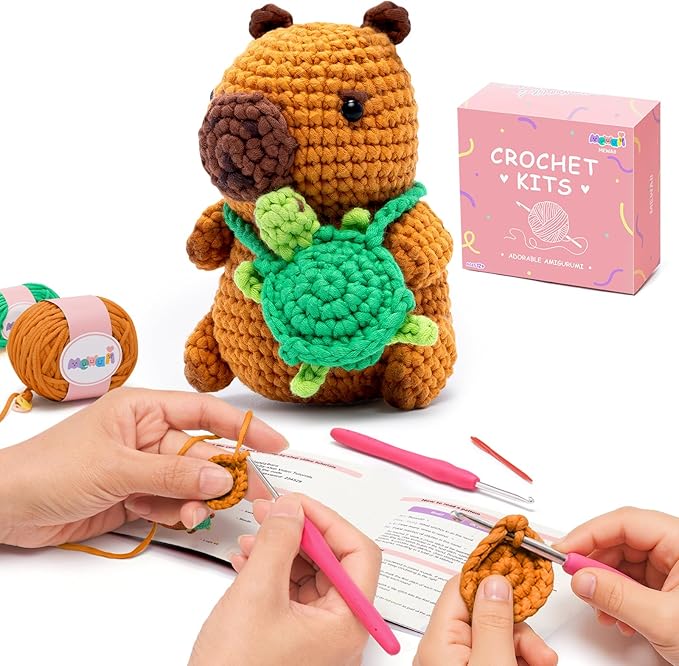 Mewaii Crochet Kit for Beginners Level 1 with 40% Extra Eco-Friendly Pre-Started Easy Yarn, Step-by-Step Video Tutorials for Adults and Kids (Capybara)
