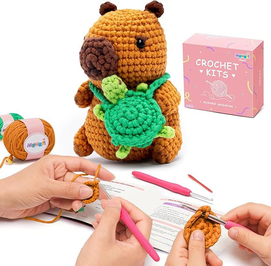 Mewaii Crochet Kit for Beginners Level 1 with 40% Extra Eco-Friendly Pre-Started Easy Yarn, Step-by-Step Video Tutorials for Adults and Kids (Capybara)