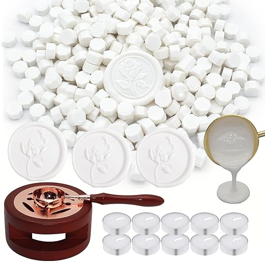 Wax Seal Beads Kit - 300pcs Ivory White Sealing Wax Beads with Wood Melting Warmer, Spoon & 10 Mini Candles for Stamp Seals, Wedding Invitation, Envelope, Cards, Gift Wrapping Decorations