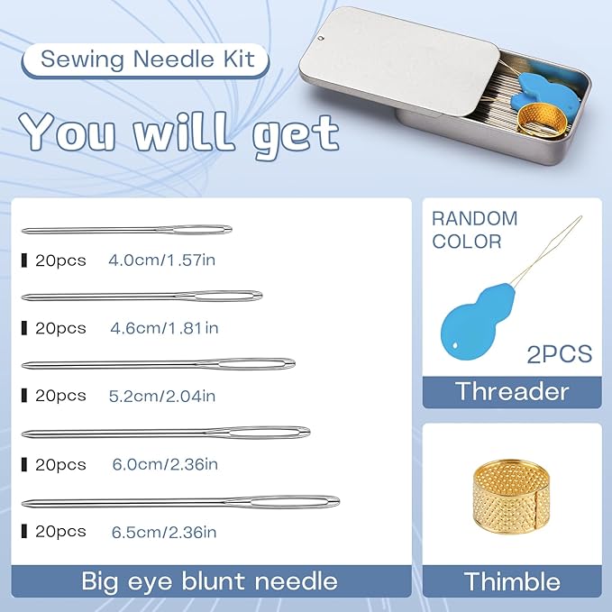TLKKUE 100/40 Pcs Steel Large-Eye Blunt Needles, Tapestry Needle with Needle Threader Thimble, Yarn Needles for Sewing Knitting Crafting Weaving Crochet Tapestry (Silver, 5 sizes/100pcs)