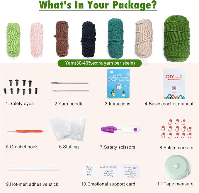 Hroevc Crochet Kit for Beginners, Beginner Crochet Kit for Adults, Positive Potato/Pickle/Avocado for Learn to Crochet kit, Knitting Kit for Beginners