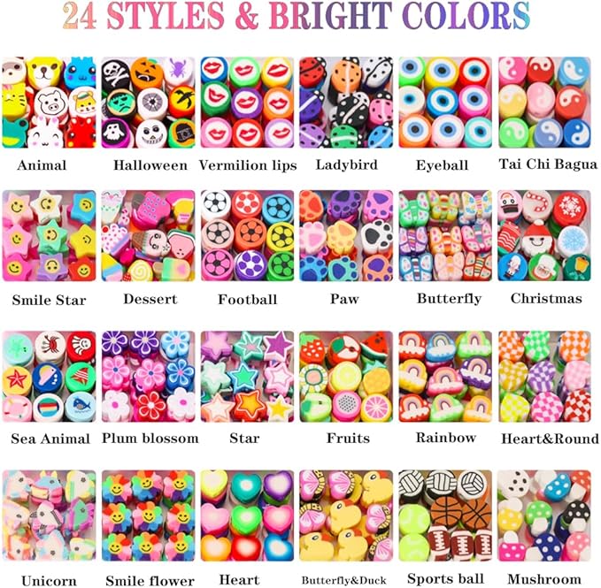 500 Pieces Polymer Clay Beads for DIY Jewelry Making, 24 Style Cute Clay Bead Animal Beads Flower Football Sports Beads Charms for Bracelets Necklace Crafts Kits for Adults Women