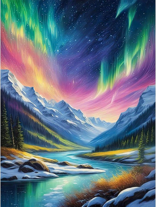 Aurora Diamond Art Kits for Adults, Snowy Mountains Lake Scenery Diamond Painting Kit for Adults Beginners, 5D DIY Diamond Painting with Round Gem Art Kits for Home Wall Decor 12x16 Inch