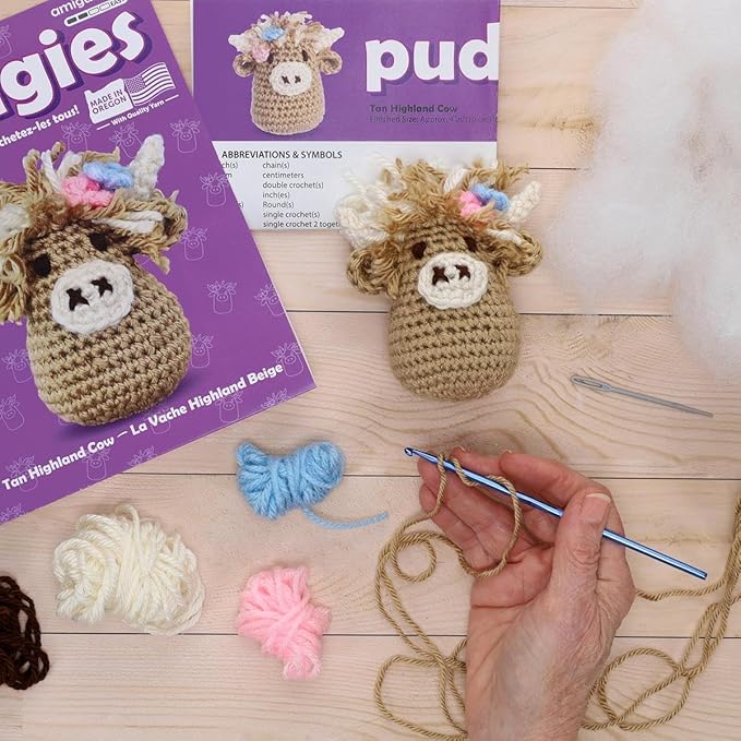LEISURE ARTS Crochet Kit, Pudgies Highland Cow, Tan, 4", Crochet Kit for Beginners, Complete Kit, Animal Kits, Animal DIY Amigurumi Kits