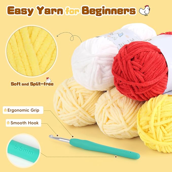 Coopay Crochet Kit for Beginners, Egg-Laying Mama Hen, Easy Chicken Crochet Kit with Step-by-Step Video Tutorial, Cute Crochet Animals Kit for Adults, Easter Gifts, Chenille Yarn, 1 Chicken+3 Eggs