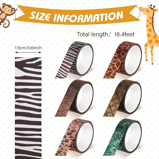 Lewtemi 12 Rolls Wild Animal Print Washi Tape Giraffe Leopard Masking Washi Stickers Adhesive Wrapping Tape Decorative for DIY Art Scrapbooking Craft Planner, 16.4 Ft(15mm)