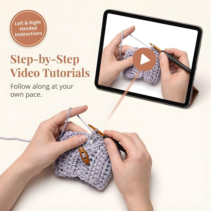 Berstuk Beginner Crochet Kit for Adults – Easy Projects with Step-by-Step Video Tutorials - Complete Kit for Functional Projects - Left & Right-Handed Instructions