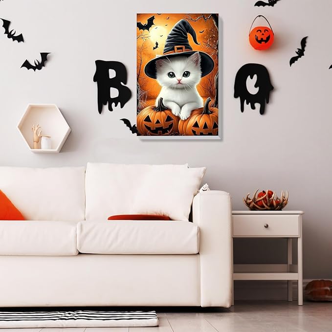 Bowetile Halloween Framed Paint by Numbers for Adults, Adults' Paint-by-Number Cat Kits on Canvas, Easy Acrylic Pumpkin Number Painting Crafts Kits Halloween Gifts for Home Decor, 8x12in
