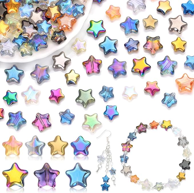 200PCS 8MM & 10MM Glass Star Beads Bedazzling Irisedent Glass Beads,Crystal Star Beads,Eletroplated Mixed Colors Cute Bead for Necklace Bracelet Jewelry Making,Spacer Beads Bulk for Crafting & DIY