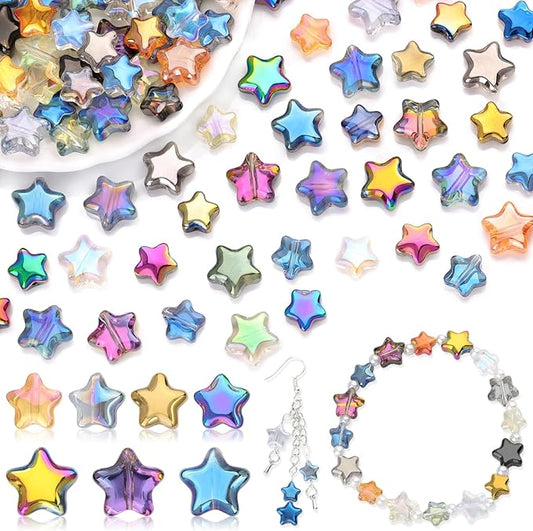 200PCS 8MM & 10MM Glass Star Beads Bedazzling Irisedent Glass Beads,Crystal Star Beads,Eletroplated Mixed Colors Cute Bead for Necklace Bracelet Jewelry Making,Spacer Beads Bulk for Crafting & DIY
