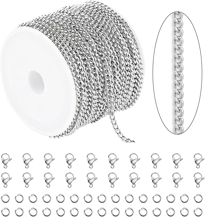 KYUNHOO 10m Silver Stainless Steel Jewelry Making Chains 3mm Wide Curb Necklace Chain for Men and Women Twist Cable Link Chain Spool with Jump Rings and Lobster Claps Jewelry Supplies