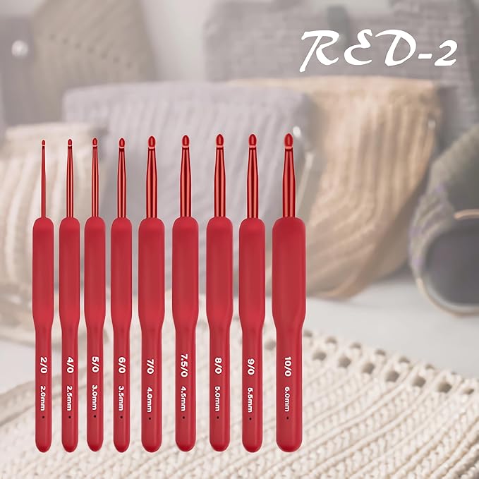 CLYAIYLC 9 Size Red Crochet Hook Set, 2.0-6.0mm Soft Touch Aluminum Crochet Hooks Ergonomic Crochet Hooks for Arthritic Hands,Ideal Gift for Beginner Lover