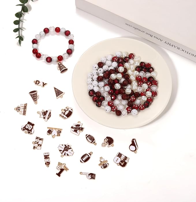 3000PCS+ Game Day Beads for Bracelets Making Clay Heishi Beads Pearl Acrylic Letter Bead Enamel Football Charms for Bracelet Earrings Necklace Making DIY Game Day Accessories (Burgundy White)