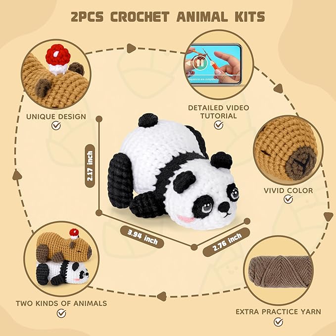 fortuning's jds crochet kit for beginners, panda & capybara crochet animal kits, easy crochet kit for adults, complete diy craft knitting kit w/step-by-step video tutorials christmas gifts