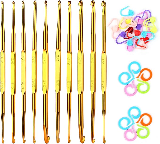 40 Pcs Double End Crochet Hook Set, Include 10 Pcs Golden Aluminum Crochet Needles, 10 PCS Knitting Crochet Markers Ring, 20 PCS Knitting Stitch Markers for Craft DIY