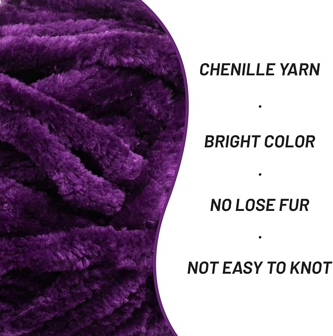 Fuzzy Chunky Chenille Yarn for Crocheting，Soft Plush Yarns for Hand Knitting，Bulky 3x100g（3x49.2 yd） Baby Blanket Yarn for Crocheting Amigurumi，Crochet Fluffy Velvet Yarns (3 Dark Purple)