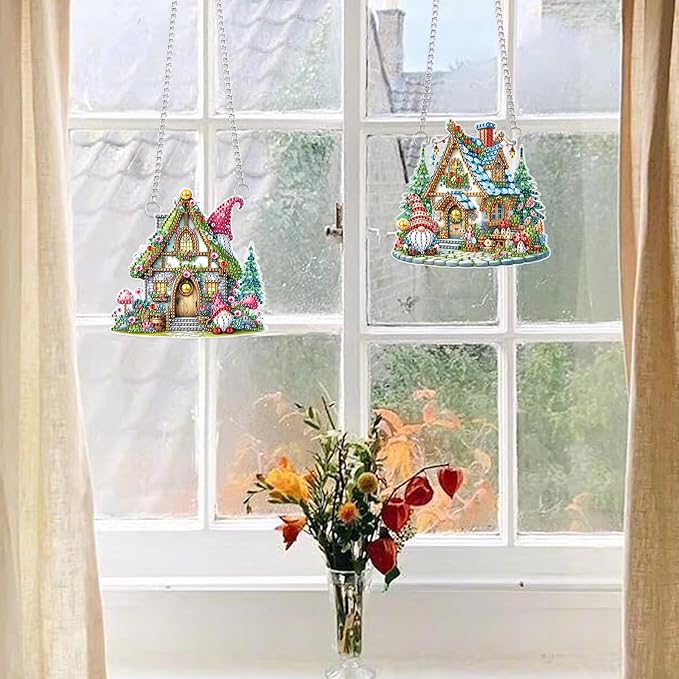 2 Pack Diamond Painting Hanging Ornaments – Fairy Cottage & Gnome House DIY Acrylic Craft Kit with Chains, Whimsical Holiday Home Decor for Adults