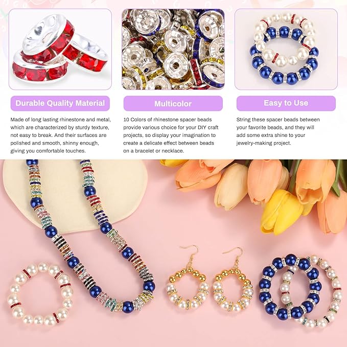 shynek 300 Pieces Rondelle Spacer Beads for Jewelry Making, 10mm Rhinestone Spacer Beads for Beaded Pens, Crystal Bead Spacers for Jewelry Making, Bracelets (10 Colors)