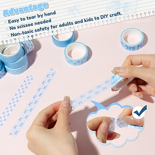 Blue Bow Washi Tape - 12 Pcs Watercolor Blue Bow Cherry Washi Colored Masking Decorative DIY Craft Art Tape Set School Office Teacher Scrapbooking Scrapbook Junk Journal Journaling Supplies