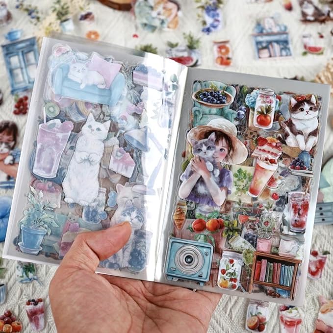 Journal Sticker Book for Journaling and Scrapbooking, Cat Blueberry Theme, 20 Sheets 3.9x5.9 inches, Precut Transparent PET Stickers for Junk Journal Supplies, Collage, Scrap Book