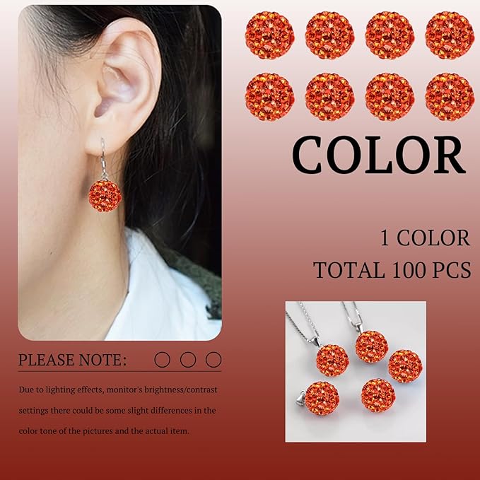 10mm Grade A Orange Rhinestone Beads for Baseball Necklace - Round Disco Ball Beads for Earring Jewelry Making, Necklace Bracelet, DIY Craft Supplies (200 pcs)