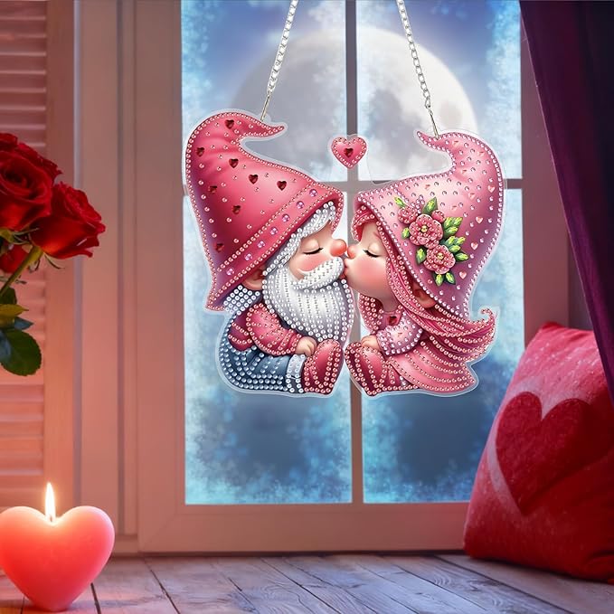 Bowetile Valentine's Day Diamond Art Hanging Kits for Adults, Diamond Art Suncatchers Gnome, 5D Special Shape Diamond Painting Pendant Window Ornament Home Door Wall Decor, Gifts for Women