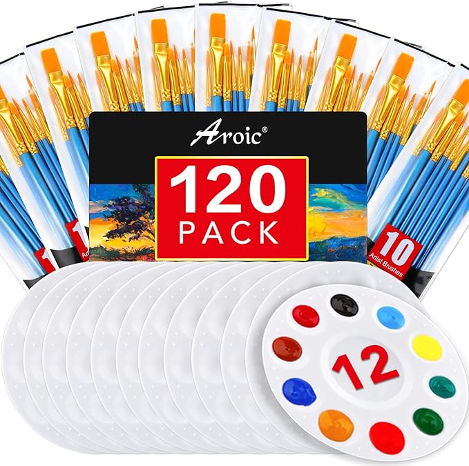 Painting Brush Palette Set, with 12 Packs of 120 Brushes and 12 Palettes,Nylon Brush Head, Suitable for Oil Watercolor, etc., Perfect Art Painting Set.