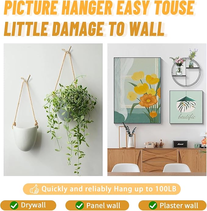 20pcs Aeneous Super Hook Picture Hangers and Office Pack, Drywall Hooks for Hanging Pictures, Wall Hooks, Picture Hangers, Picture Hanging Kit，Hang Art, Clock, Shelves, Mirrors