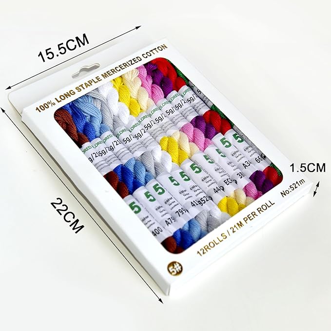 Mercerized Pearl Cotton Crochet Needlepoint Thread,Size 5, 12 skeins,12 Mixed Colors,21 M/Skein