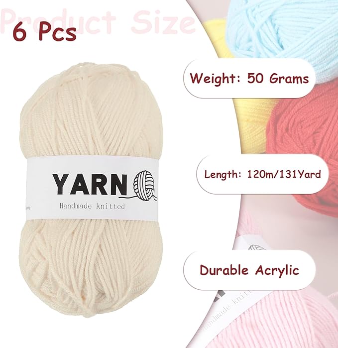 6Pcs Beige Acrylic Yarn 790 Yard 4 Ply Soft Crochet Yarns Sport Weight Yarn,[for DIY Crocheting Knitting Craft Blankets Hats]-300g
