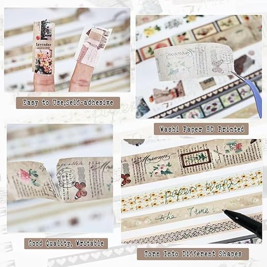 Washi Tape Set, 20 Rolls Time Imprint Theme, Washi Tape for Journaling, Decorative Tape for Scrapbooking, Junk Journal Supplies