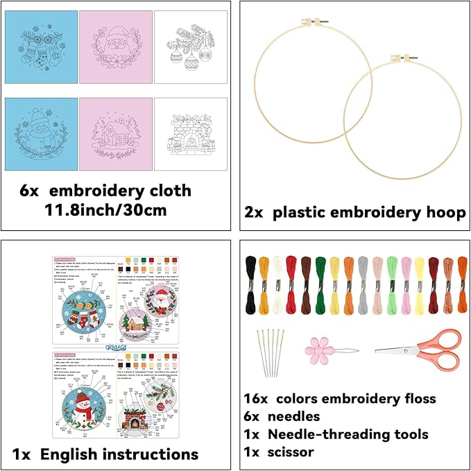 ORIGACH 6 Pcs Christmas Embroidery Kit for Beginners, Stamped Design Embroidery Starter Kit Includes Cloth, Hoops, Threads & Needles