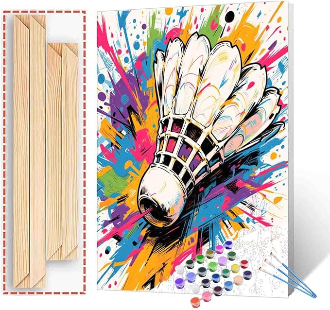 Splash Shuttlecock Paint by Numbers Kit for Adults Beginner & Kids Ages 8-12 Graffiti Badminton Paint by Number Kit on Canvas DIY Sports Lovers Home Decorations and Gifts 16"x20" (DIY Frame)