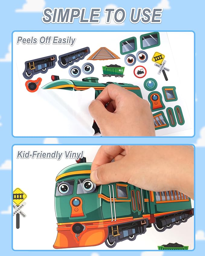 aowplc train stickers for kids – 32 sheets make-a-train mix & match kit – fun party favors & activities