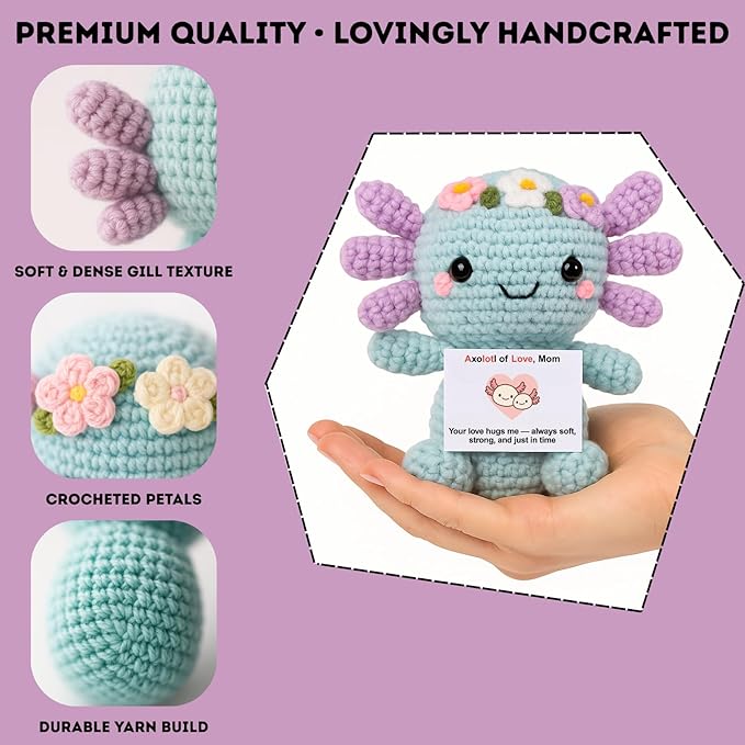 Handmade Mini Positive Crochet Animals Customizable Card Set with Positive Messages Emotional Support Crochet Birthday Gift for Woman Men Her him Motivational Desk Decor (Axolotl - Mom)